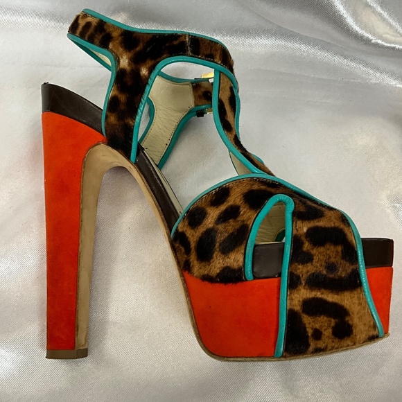 Brian Atwood Leopard Pony Hair Platform Heels Turquoise Trim Size 40 - Picture 12 of 15